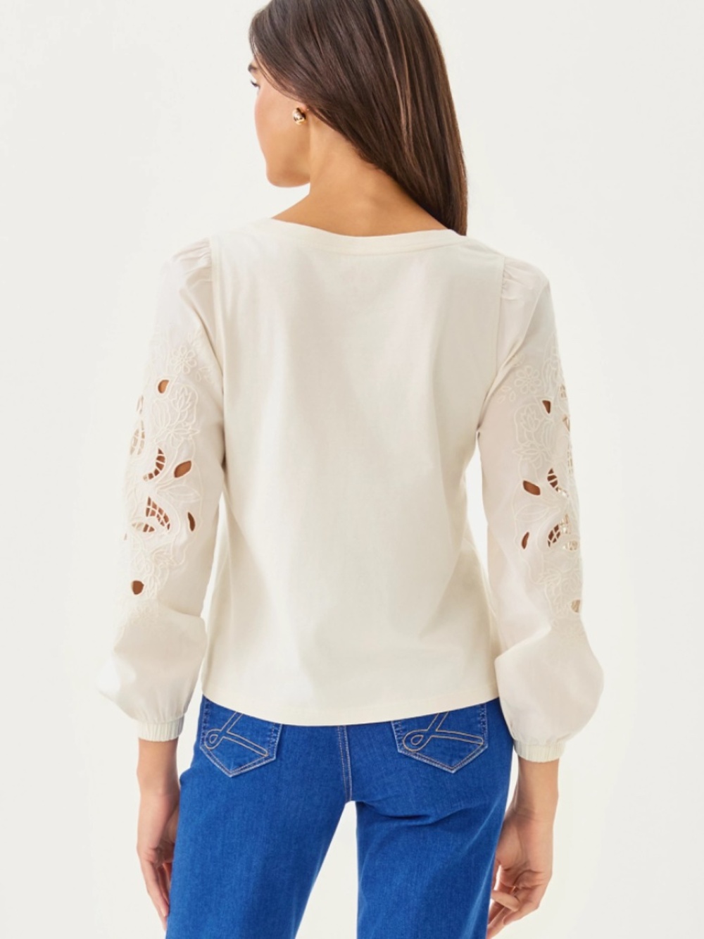 Lilly Pulitzer Isley Knit Top Ivory "Coconut" Long Eyelet Sleeves Top Tee Sz XS - Picture 13 of 15